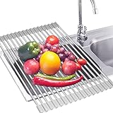 Roll Up Dish Drying Rack，Lauon Over The Sink Multipurpose Dish Drainer Tray Mat，304 Stainless Steel Foldable Dish Rack (17.8''x11.8'')