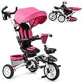BABY JOY Tricycle, 7 in 1 Folding Toddler Bike w/Removable Push Handle, Rotatable Seat, Adjustable Canopy, Safety Harness, Storage, Cup Holder, Trike for 1-5 Year Old, Tricycle for Toddlers (Pink)