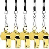 5 Packs Stainless Steel Whistle, FineGood Loud Metal Whistle with Lanyard for Referees Coaches Lifeguards Survival Emergency Football Basketball Soccer Hockey - Gold
