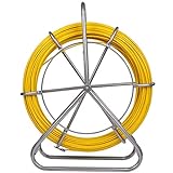 FAHKNS 425FT Fish Tape Fiberglass 1/4 inch(6MM) Fishing Wire Puller Duct Rodder Cable Running Electrical Fishtape Tool Rod with Steel Reel Stand Through Wall Pipe Length Marking in Meter