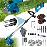 Cordless Weed Wacker Battery Operated, Stretchable Grass Edge Trimmer Lawn with 4Types Blades and 2Pcs Li-Ion Battery Powered, 21V Electric Weed Trimmer for Lawn Care and Garden Yard Work
