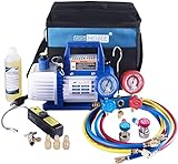 VIVOHOME 110V 1/3 HP 4CFM Single Stage Rotary Vane Air Vacuum Pump and R134a AC Manifold Gauge Set Kit with Leak Detector Carry Bag for HVAC Air Conditioning Refrigeration Recharging ETL Listed