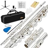 Eastar C Flutes Open Hole 16 Keys Flute for Beginner Kids Student Flute Instrument with Fingering Chart, Cleaning Kit, Stand, Carrying Case, Gloves, Tuning Rod, Silver, EFL-2
