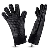 Comsmart BBQ Gloves, Heat Resistant Silicone Grilling Gloves, Long Waterproof BBQ Kitchen Oven Mitts with Inner Cotton Layer for Barbecue, Cooking, Baking, Smoker(Black)