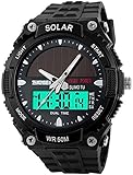 FANMIS Men's Solar Powered Casual Quartz Wrist Watch Analog Digital Multifunctional Black Sports Watch (Black)