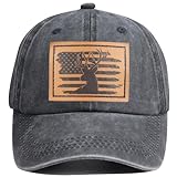 Leather Hunting Gifts for Men Women, Funny American Flag and Deer Skull Hunting Embroidered Adjustable Baseball Cap, Deer Hunting Accessories Outdoor Hunter Hat Black