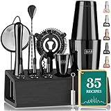 Pro Mixology Bartender Kit Bar Set | 14-Piece Boston Cocktail Shaker Set | Professional Barware Mixing Tools for Home Bartending | Bamboo Stand & Recipe Cards | Gift Set for Him & Her (Jet Black)