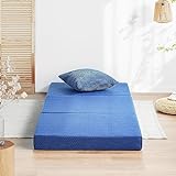 Olee Sleep Tri-Folding Memory Foam Mattress Topper, 4 Inch Gel Folding Mattress for Camping, Foldable Guest Bed, Washable Cover, CertiPUR-US Certified, Soft, Blue, Cot Size