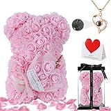 Rose Bear Handmade Rose Teddy Bear with Box and I Love You Necklace Rose Flower Bears Romantic Gifts for Girlfriend Valentiness Mothers Day Anniversary Birthday (Pink)