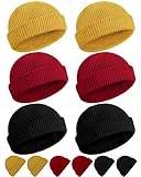 SATINIOR Winter Short Fisherman Beanie Hat Trawler Beanie Watch Hat Edge Skullcap for Men (Black, Dark Yellow, Wine Red, 6 Pieces)