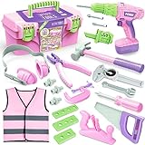Kids Tool Set with Electric Toy Drill Tool Box for Girls, Pink Toddler Tool Set Kids Power Construction Pretend Play Tools Set Toy Hammer Tools Kit for 3 4 5 6 7 8 Year Old Girls Boy Kids Toddlers Toy