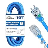 HONDERSON 15FT 12/3 Lighted Outdoor Extension Cord - 12 Gauge 3 Prong SJTW Heavy Duty Blue Extension Cable with 3 Prong Grounded Plug for Safety,UL Listed