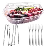 Funyakit Extra Large Appetizer Serving Tray on Ice with Stainless Steel Tongs and Forks, Chilled Platter with Lid, 4 Compartments for Shrimp Cocktail Fruits Veggies Seafood Dips, Cold Dish for Party