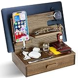 Kayjax Wood Phone Docking Station for Men & Women with Drawer -Mens Organizer Station -Docking Station for Dad -Husbands Anniversary & Birthday Gifts -Organizers for Watch, Wallet, Keys, Cellphone