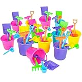 Mini Beach Bucket and Shovel Set - (Pack of 12) 3-1/4' Mini Bucket Party Favor Sand Box Play Set and Mini Beach Sand Pail Includes, Shovel, Rake, Scoop Beach Sand Toy for Birthday or Mermaid Theme