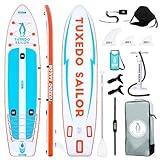 Tuxedo Sailor Inflatable Fishing Paddle Boards 12'×34'×6' Ultra Long and Wide Stand Up Paddle Board for Two Adults and Pet with Accessories Shoulder Strap, Paddle, Fishing Support Bases, Kayak Seat
