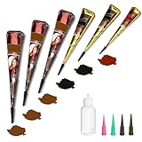 Temporary Tattoos Kit, 6Pcs Semi Permanent Tattoo Paste Cones, India Body DIY Art Painting for Women Men Kids, Summer Trend Freehand Plaste with 3 Colors,20Pcs Adhesive Stencil,1Pc Bottle,4Pcs Nozzles