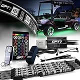 OPT7 Aura Golf Cart Underglow LED Lighting Strips Kit, Neon Golf Car Underbody Accessories, RGB Multi-Color Mode Accent Lights kit with Wireless Remote and Key Chain, w/Switch, 10pc, 12V, Single Row