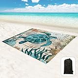 Hiwoss Beach Blanket Waterproof Sandproof Oversized 95”x 80”,Sand Free Beach Mat with Corner Pockets,Portable Mesh Bag for Beach Festival,Picnic,Travel and Outdoor Camping (Seaturtle)