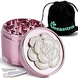 Greasure Aluminum Pink Herb Grinder 2.5 inch - 4 Piece Cute Spice Grinder with Velvet Gift Pouch Bag, Scraper and Brush Tools