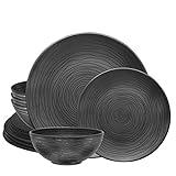 bzyoo BPA-Free Dishwasher Safe 100% Melamine Plate & Bowl Set Best for Casual dining Indoor and Outdoor Dining Party Environmental Friendly (12 PCS Dinnerware set, Service for 4, Organica Black)
