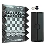 VENTUREBOARD 6 Inches Magnetic Unique Chess Set Board Game - 2 Extra Queens - Folding Board, Portable Travel Chess Board Game Pieces - Black/Grey
