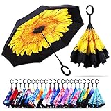 owen kyne Windproof Double Layer Folding Inverted Umbrella, Self Stand Upside-down Rain Protection Car Reverse Umbrellas with C-shaped Handle (Sunflower N)