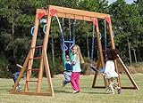 Dolphin Playground Wood Swing Sets for Backyard with Monkey Bar, Kids Outdoor Play Equipment, Outdoor Playset for Kids with Trapeze Swing Bar and 2 Belt Swings, Heavy Duty Playground Accessories