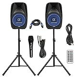 Pair Alphasonik All-in-one 15' Powered 2500W PRO DJ Amplified Loud Speakers with Bluetooth USB SD Card AUX MP3 FM Radio PA System LED Lights Karaoke Mic Guitar Amp 2 Tripod Stands Cable and Microphone
