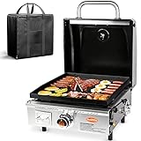 Hisencn Portable Flat Top Grill for Outdoor, Tabletop, Countertop, Kitchen, Tailgating, RV - Nonstick Camping Griddle 268 sq. in. 15000 BTUs Griddle for Gas Grill, 17 Inch with Hood, with Carry Bag