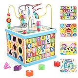 Qilay Wooden Activity Cube for Toddlers 1-3, 5 in 1 Multipurpose ABC-123 Abacus Early Educational Montessori Toys, Learning Toys for 1 2 3 Year Old | Bead Maze, First Birthday Gifts for Boys Girls