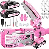 Mini Chainsaw 6-Inch Battery Powered - Pink Cordless Electric Handheld Chainsaw with 2 Rechargeable Batteries - 21V Small Power Chain Saws Battery Operated for Tree Trimming Wood Cutting