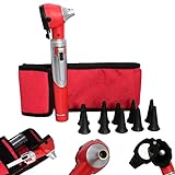 OdontoMed2011 Otoscope - Portable Ear Light and Exam Kit for Home and Professional Use - 3X Magnifying Fiber Optic Scope with Spare Tips, Bulb, and Carrying Case - Pocket Diagnostic Equipment (Red)