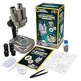 NATIONAL GEOGRAPHIC Dual LED Student Microscope – 50+ pc Science Kit Includes Set of 10 Prepared Biological & 10 Blank Slides, Lab Shrimp Experiment, 10x-25x Optical Glass Lenses and more! (Silver)