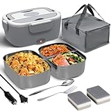Sitlais Electric Lunch Box Food Heater for Work - 12V/24V/110-220V Food Warmer for Car Truck Outdoor with 2 Packs Stainless Steel Containers Potable Heating lunch Box for Adults Camping(grey)