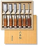 KAKURI Japanese Chisel Set 6 piece, Professional Wood Chisel Nomi for Woodworking, Mortising, Carving, Forged Japanese Aogami Steel (Blue Paper Steel #2) with Damascus Pattern, Red Oak Wood Handle, Made in JAPAN