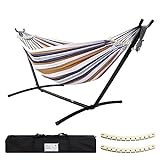 SZHLUX Double Hammock with Stand Included 450lb Capacity Steel Stand, Premium Carry Bag Included and Two Anti Roll Balance Beam, Portable Hammock with Stand for Backyard, Camping,Garden Brown Stripes
