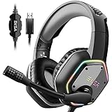 EKSA E1000 USB Gaming Headset for PC - Computer Headphones with Microphone/Mic Noise Cancelling, 7.1 Surround Sound Wired Headset&RGB Light - Gaming Headphones for PS4/PS5 Console Laptop