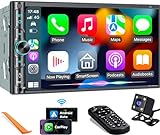 Upgrade Wireless Double Din Car Stereo with Carplay, Android Auto, Bluetooth, 4-Channel RCA, High Power, 2 Subwoofer Ports, 7' HD Capacitive Touchscreen Car Radio, Backup Camera, Audio Receiver