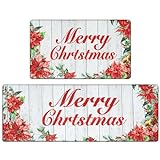 KIMODE Merry Christmas Kitchen Rugs and Mats,Anti Fatigue Non Slip Kitchen Rugs Sets of 2,Red Floral Kitchen Mats for Floor,Farmhouse Comfort Standing Mat,Christmas Decorations for Home Kitchen