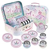 Jewelkeeper Toddler Toys Tea Set for Little Girls - 15 Pcs Tin Tea Set for Kids Tea Time Includes Teapot, 4 Tea Cup and Saucers Set & 4 Snack Plates , Unicorn Tea Party Set with Carrying Case