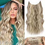 AISI BEAUTY Invisible Wire Hair Extension Long Wavy Thick Hairpiece with Secure Clips and Transparent Headband Ash Blonde Mixed with Platinum 20 Inches Synthetic