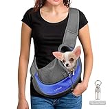 Lynkaye Pet Dog Sling Carrier Small Dog Cat Travel Bag Adjustable Strap Hands Free Pet Puppy Papoose Bag with Stainless Steel Pet Name Identification Barrel Tube Collar ID Tags (Blue(up to 10 lbs))