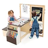 Costzon Easel for Kids, Wooden Art Center with Double-Sided Blackboard & Whiteboard, Paper Roll for Drawing, Crafts, Writing, Toddler Activity Table with Storage, Kids Table and Chair Set (Brown)