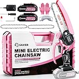 Saker Mini Chainsaw,6 Inch Portable Electric Chainsaw Cordless Pink,Handheld Chain Saw Pruning Shears Chainsaw for Tree Branches,Household and Garden(SAKER MINI CHAINSAW PINK + 2 BATTERIES + 3 CHAINS)