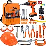 JOYIN 32PCS Kids Tool Set, Pretend Play Toddler Tool Toys with Construction Backpack Costume & Electronic Toy Drill for Boy Girl Halloween Birthday Dress Up Party