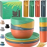 DINETHICS Wheat Straw Dinnerware Sets For 4 (36pc) Unbreakable n Microwave Safe - Plates and Bowls Camping Cups Set RV Dishes for