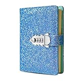 Digital Password Journal Combination Lock Diary Locking A6 Refillable Leather Journal (Blue)