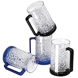Drinking Glasses Cups, Double Wall Gel Freezer Beer Mugs, Freezer Ice Mugs Cups, 16oz, Plastic Cooling Beer Mug Clear Set of 4 (2Blue and 2Black)