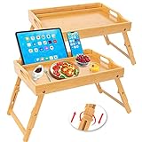 Greenual 2 Pack Bed Tray Table with Handles Folding Legs, Bamboo Breakfast Food Tray with Media Slot, Use As Platter, Laptop Desk, Snack, TV Tray Kitchen Serving Tray(Natural)